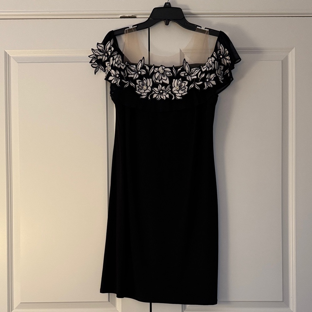 MSK Black Mini Dress with White Beaded Floral Details